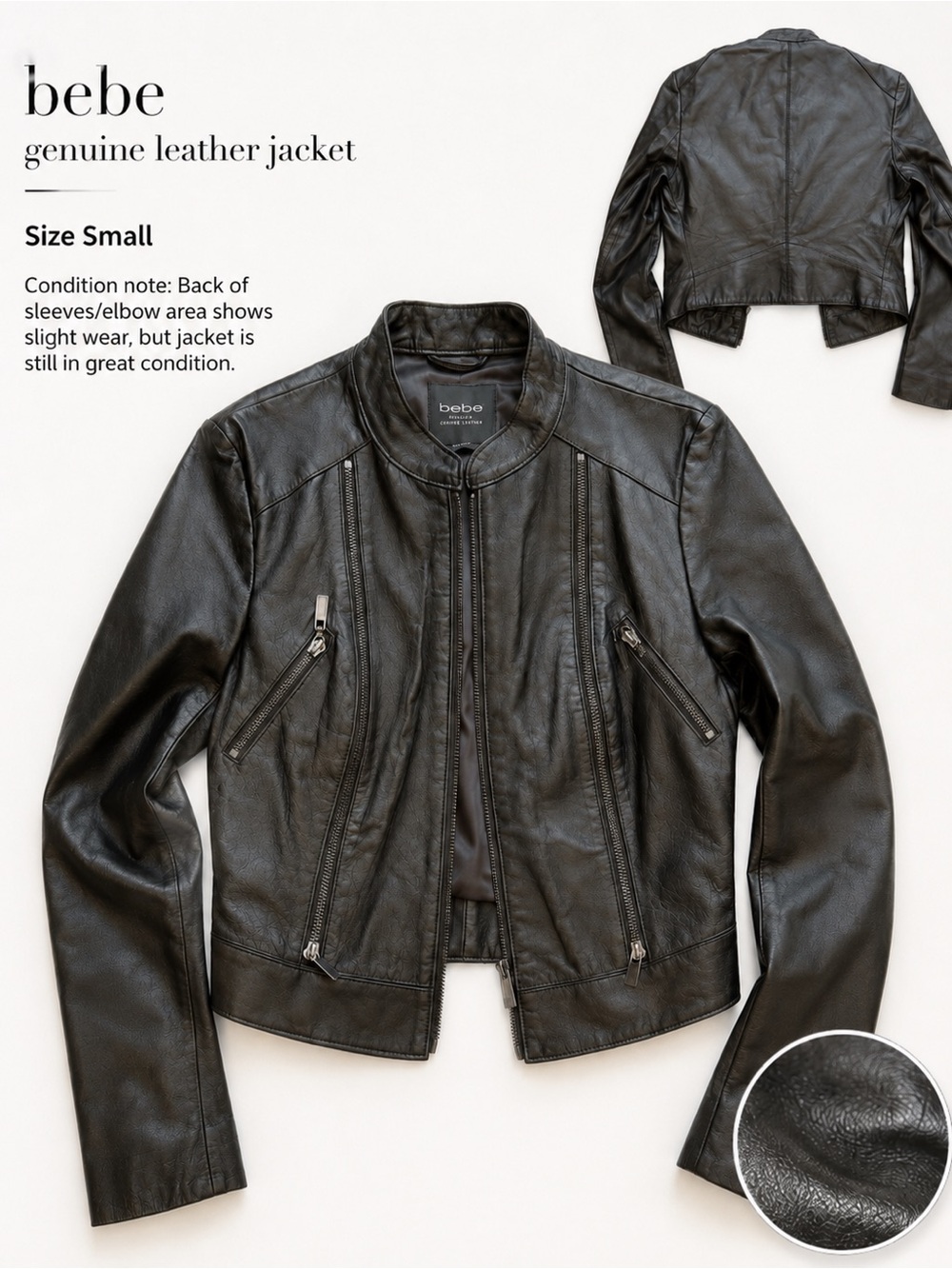 bebe Black Leather Moto Jacket with Zip Pockets size women’s Small